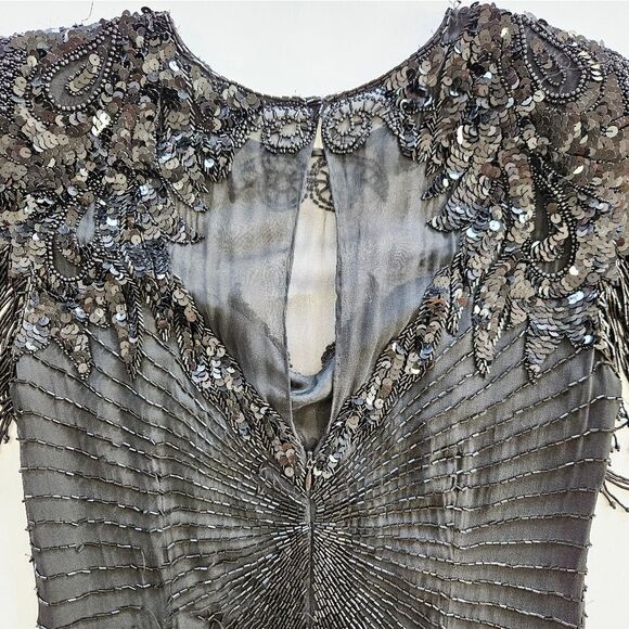 Vintage Cache 100% Silk Black Beaded Art Deco Wiggle '50s Style Flapper Dress 8 - Picture 9 of 14